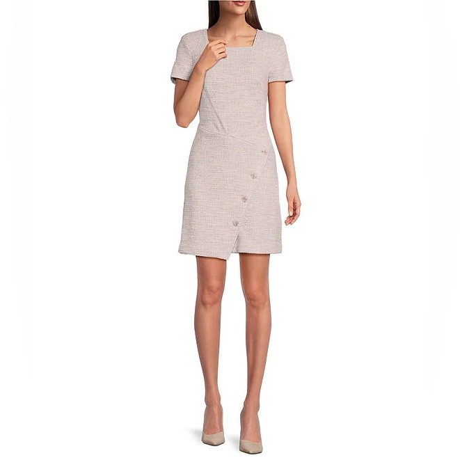 Calvin Klein Short Sleeve Square Neck Asymmetrical Skirt Dress